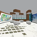Modern Exhibition Hall Interior Design With Curved Walls Display Screens White Seats And Marble Flooring