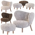 Beige Plush Single Sofa with Tufted Design Curved Armrests and Matching Ottoman Wooden Legs