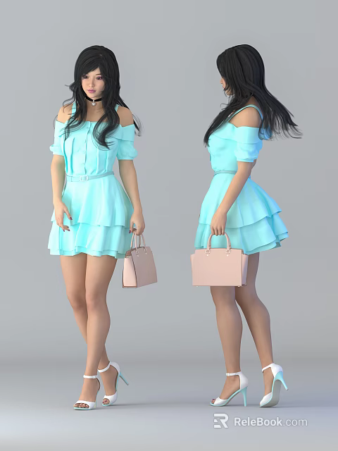 Woman in Light Blue Off Shoulder Dress with Pink Handbag and Layered Skirt Design 3d model 