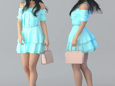 Woman in Light Blue Off Shoulder Dress with Pink Handbag and Layered Skirt Design 3d model