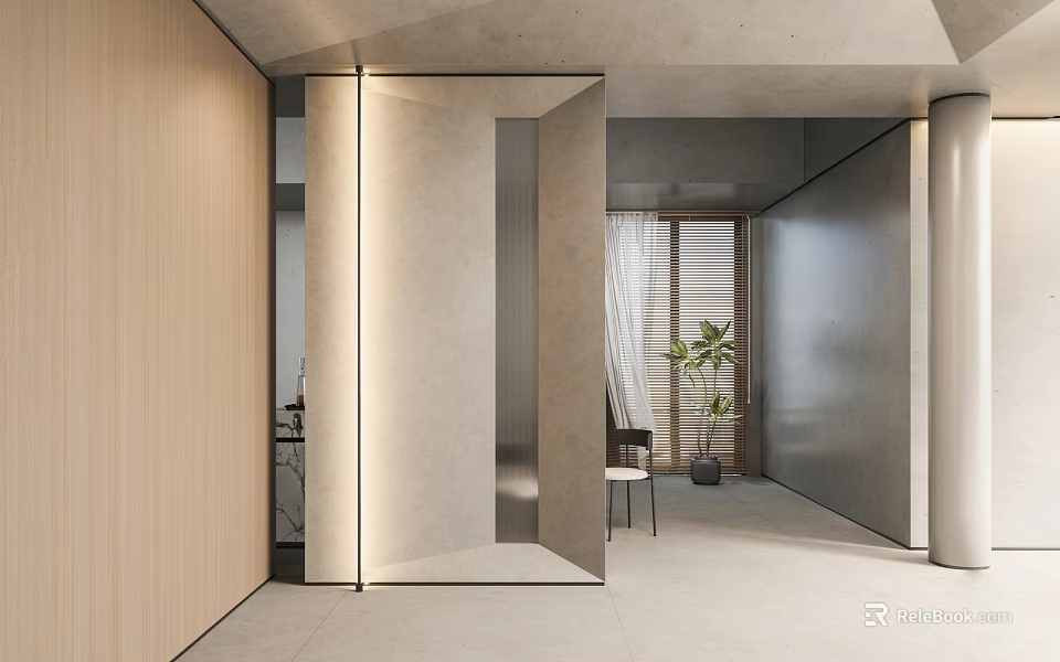 Modern Mirrored Room Divider With Integrated Lighting In Minimalist Hallway Interior Design And Potted Plant 3d model 