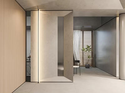 Modern Mirrored Room Divider With Integrated Lighting In Minimalist Hallway Interior Design And Potted Plant 3d model