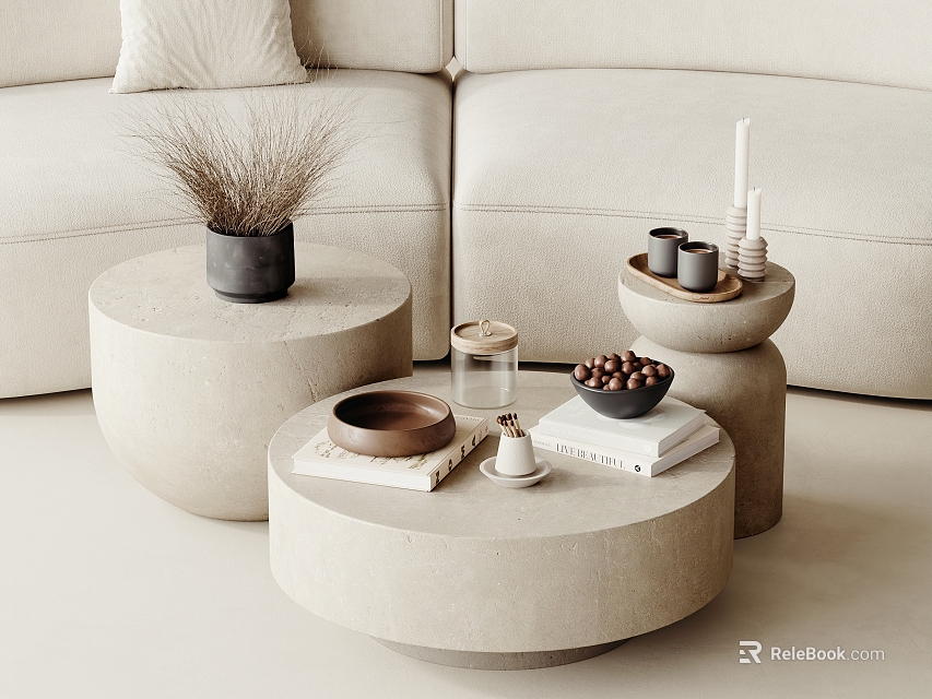 Modern Minimalist Round Concrete Coffee Table With Beige Sofa And Decorative Items 3d model 