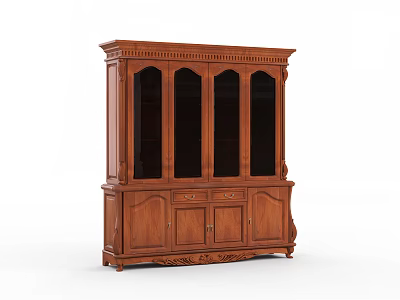 Classic Wooden Bookcase with Carved Details Glass Doors Drawers And Cabinet Doors 3d model