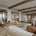 Cozy Living Dining Room Interior With Wooden Beams Fireplace Sofa And Dining Table Set