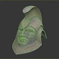 Ancient Metallic Helmet With Facial Carving And Decorative Crest Design