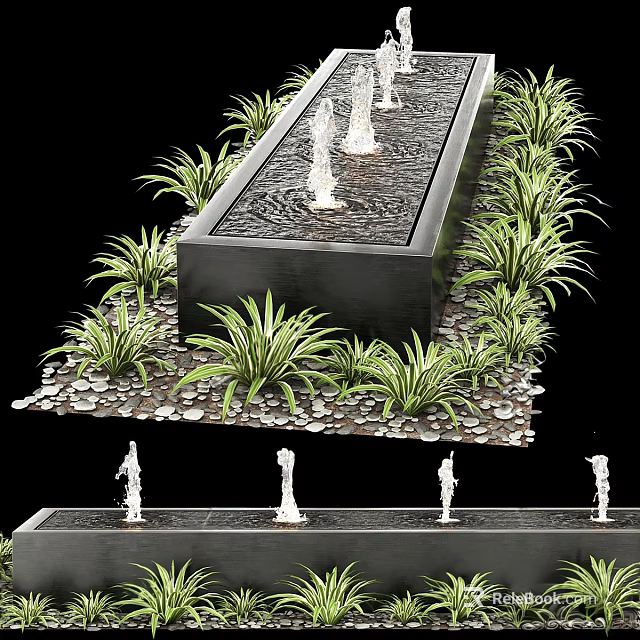 Black Base Rectangular Fountain in Garden with Multiple Water Jets Surrounding Green Plants and Stones 3d model 