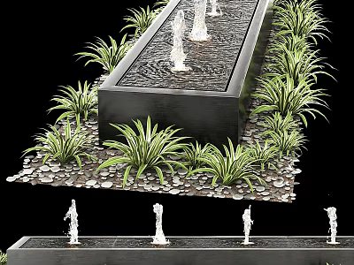Black Base Rectangular Fountain in Garden with Multiple Water Jets Surrounding Green Plants and Stones 3d model