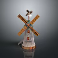 Traditional Windmill Model With Wooden Blades Stone Tower And Red Window Details