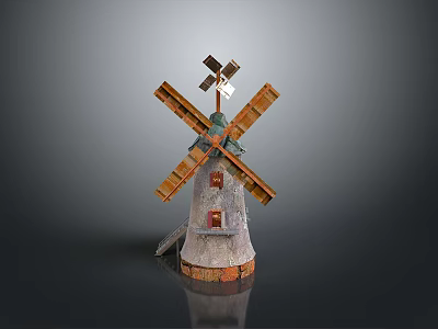 Traditional Windmill Model With Wooden Blades Stone Tower And Red Window Details 3d model
