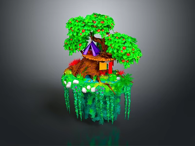 Enchanted Floating Island With Small House Green Tree Red Fruits And Vines 3d model