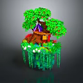 Enchanted Floating Island With Small House Green Tree Red Fruits And Vines