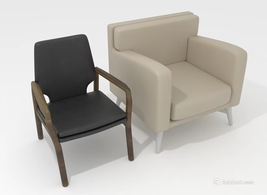 Modern Furniture Set With Black Leather Chair And Beige Armchair Featuring Wooden And White Legs 3d model 