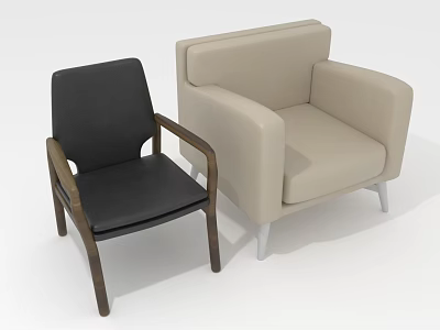 Modern Furniture Set With Black Leather Chair And Beige Armchair Featuring Wooden And White Legs 3d model
