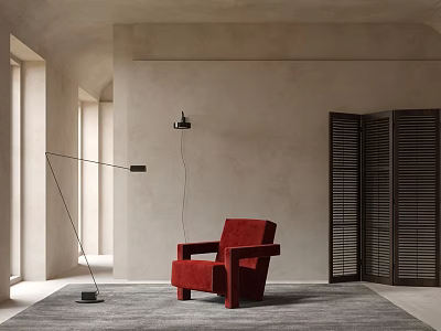 Red Accent Chair in Modern Minimalist Interior With Floor Lamp Gray Rug and Wooden Shutters 3d model