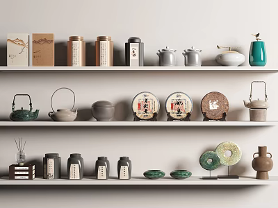 Traditional Tea Set Collection With Teapots Jars Cakes On White Shelves 3d model