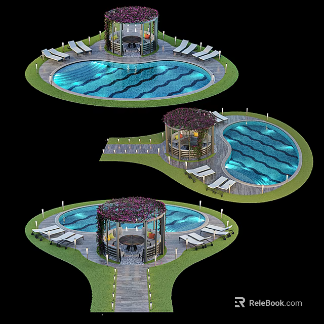 Luxury Pool Area Design With Multiple Curved Pools Sun Loungers And Wooden Gazebos 3d model 