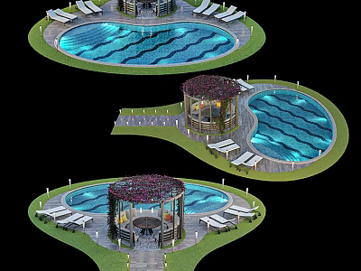 Luxury Pool Area Design With Multiple Curved Pools Sun Loungers And Wooden Gazebos 3d model