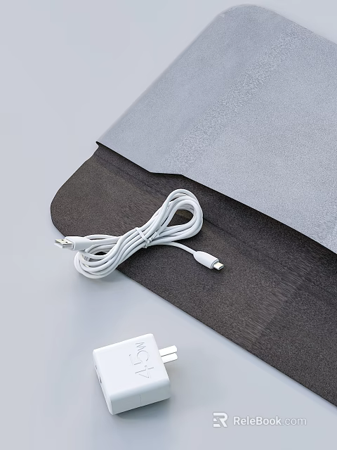 Phone Accessories Including White Charging Cable USB Charger And Gray Storage Pouch 3d model 