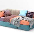 Colorful Sofa With Beige Backrest Blue Base Colorful Cushions And Gray Throw Blanket