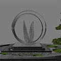 Garden Ornament Metal Sculpture With Circular Design Leaf Structure Lily Pad Pool And Green Trees