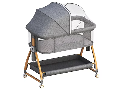 Gray Baby Bassinet With Mesh Sides Wooden Frame Storage Shelf And Wheels 3d model