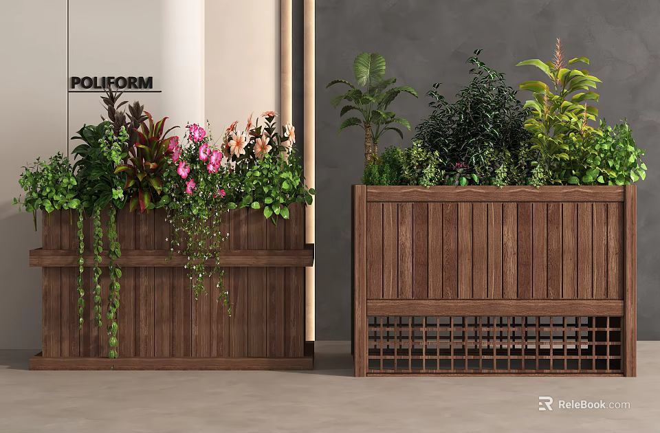 Bonsai Potted Plants In Wooden Planters With Colorful Flowers Green Foliage And Hanging Vines 3d model 