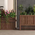 Bonsai Potted Plants In Wooden Planters With Colorful Flowers Green Foliage And Hanging Vines