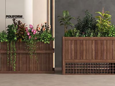 Bonsai Potted Plants In Wooden Planters With Colorful Flowers Green Foliage And Hanging Vines 3d model
