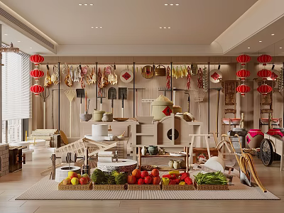 Agricultural Exhibition Hall Showcasing Fresh Produce Traditional Farming Tools And Decorative Displays 3d model