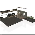 Modern Outdoor Space Model With Wooden Seats Platform And Green Plants