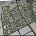 Urban Aerial Planning With Grid Roads Buildings Green Spaces And Meandering River