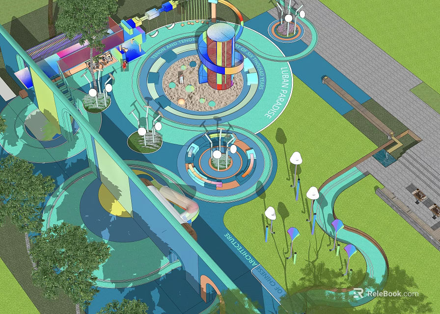 Colorful Children's Play Area With Slides Spinning Structures And Green Trees 3d model 