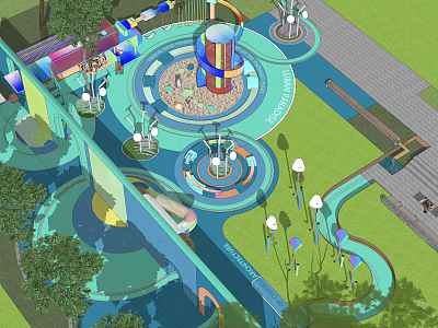 Colorful Children's Play Area With Slides Spinning Structures And Green Trees 3d model