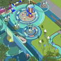 Colorful Children's Play Area With Slides Spinning Structures And Green Trees