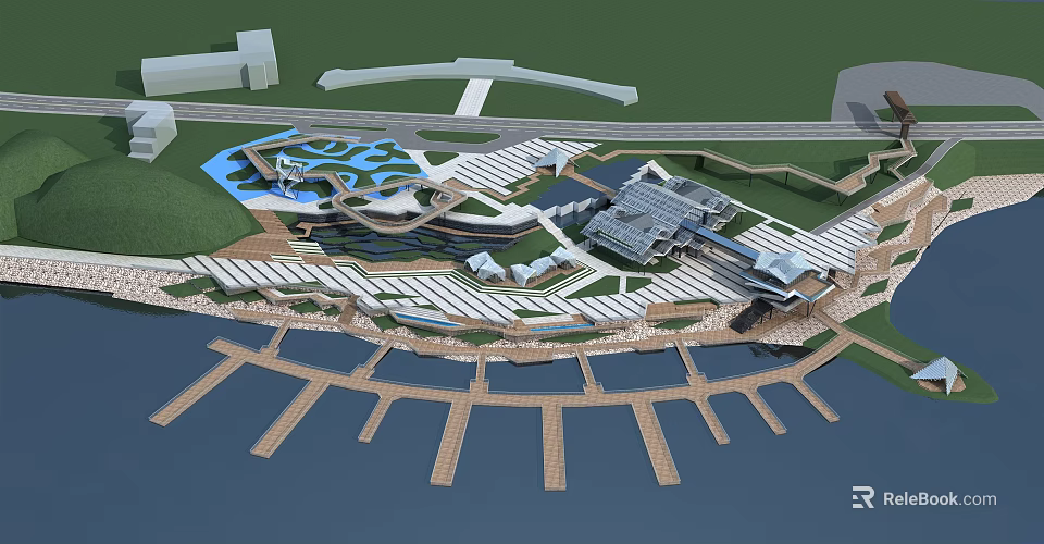 Modern Waterfront Architectural Complex With Wooden Piers Road Connections And Green Areas 3d model 