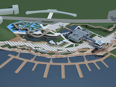 Modern Waterfront Architectural Complex With Wooden Piers Road Connections And Green Areas 3d model