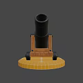 Vintage Black Cannon with Wooden Carriage and Wheels on Yellow Tiled Base