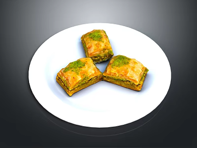 Three Square Crispy Pastry Desserts With Green Topping On White Plate 3d model