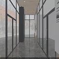 Modern Cultural Center Corridor With Glass Windows Marble Floor Wooden Ceiling And Display Wall