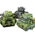 Military Tanks In Green And Dark Color With Mechanical Armor And Turret Design