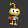 Animated Game Movie Character With Yellow Body Red Sunglasses Holding Red Surfboard Star Patterned Shirt