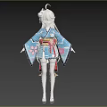 Woman Wearing Blue Kimono With Cherry Blossom Patterns Red Obi And White Stockings