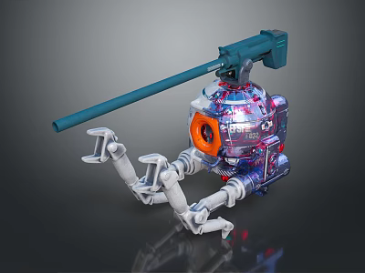 Mechanical Sci Fi Character With Transparent Casing Orange Eye Robotic Arms And Long Rod Weapon 3d model