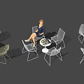 Modern Wireframe Table And Chair Sets With Chessboard And Round Tables 3d model