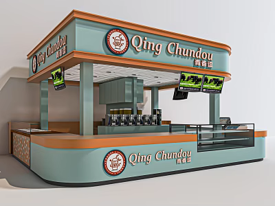 Qing Chundou Milk Tea Shop Modern Exterior Design With Blue Orange Counter And Signboard 3d model