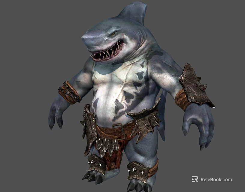 Fierce Shark Humanoid Character with Shark Head Muscular Torso Leather Armor And Arm Bracers 3d model 