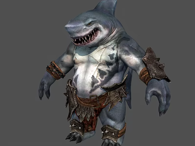 Fierce Shark Humanoid Character with Shark Head Muscular Torso Leather Armor And Arm Bracers 3d model