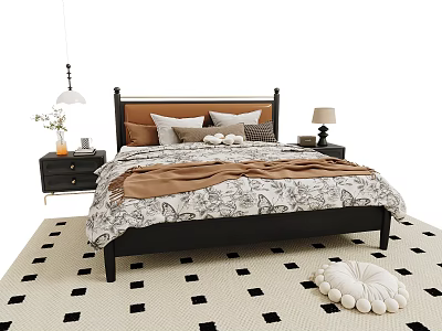Double Bed with Black Frame Brown White Quilt Pillows Nightstands Lamps on Checkered Rug 3d model