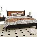 Double Bed with Black Frame Brown White Quilt Pillows Nightstands Lamps on Checkered Rug